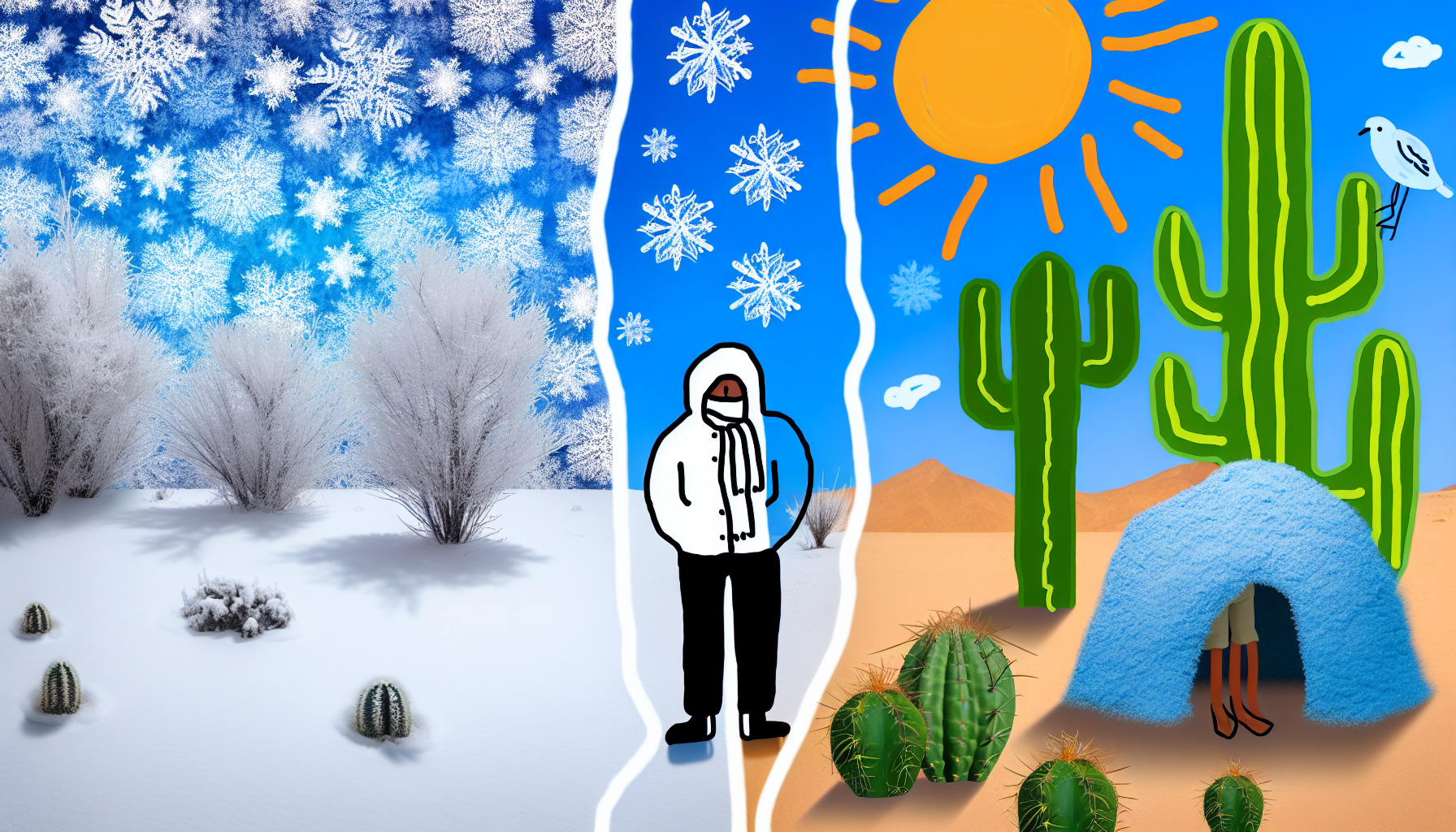 Erstellen Sie eine deutliche visuelle Darstellung des Kontrasts zwischen KÃ¤lte und WÃ¤rme. Auf der einen Seite des Bildes zeigen Sie eine verschneite Winterlandschaft mit frostbedeckten BÃ¤umen und einer kleinen Figur, die in gemÃ¼tliche Winterkleidung gehÃ¼llt ist. Auf der anderen Seite stellen Sie eine sonnenverwÃ¶hnte Sommerlandschaft mit einer trockenen WÃ¼stenlandschaft dar, in der eine Figur in leichter Kleidung Schatten unter einem Kaktus sucht. Dazwischen ziehen Sie eine dicke Linie, die die KÃ¤lte von der WÃ¤rme trennt und den starken Kontrast zwischen den beiden Umgebungen verstÃ¤rkt.
