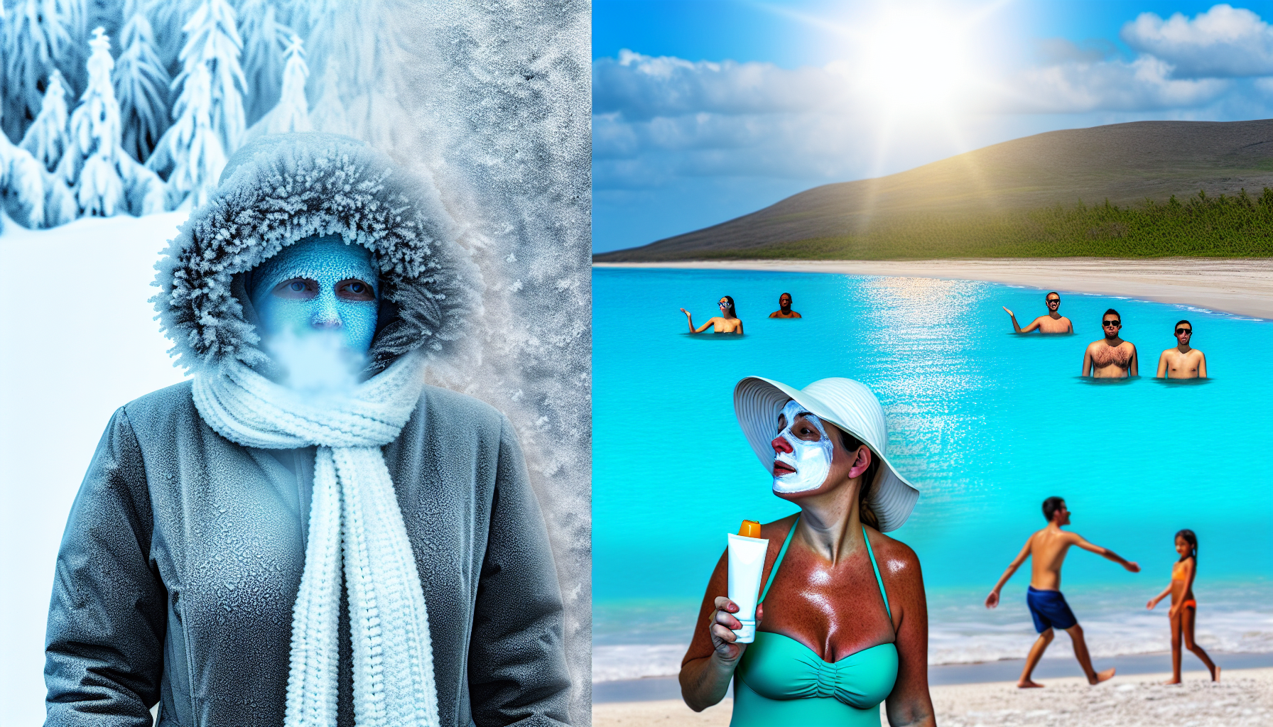 Illustrieren Sie das Konzept von 'kalt' und 'warm'. Auf der einen Seite des Bildes zeigen Sie eine verschneite Landschaft mit frostbedeckten BÃ¤umen und einer Person, die in schwere Winterkleidung gehÃ¼llt ist, das Gesicht mit einem Schal bedeckt und der Atem in der kalten Luft sichtbar. Auf der anderen Seite stellen Sie eine sonnige Strandszene mit Palmen dar, einer Person, die Sonnencreme auftrÃ¤gt, und Menschen, die im glitzernden Ozean schwimmen. Die Menschen auf jeder Seite sollten unterschiedlichen Abstammungen und Geschlechtern angehÃ¶ren, um Vielfalt zu zeigen.