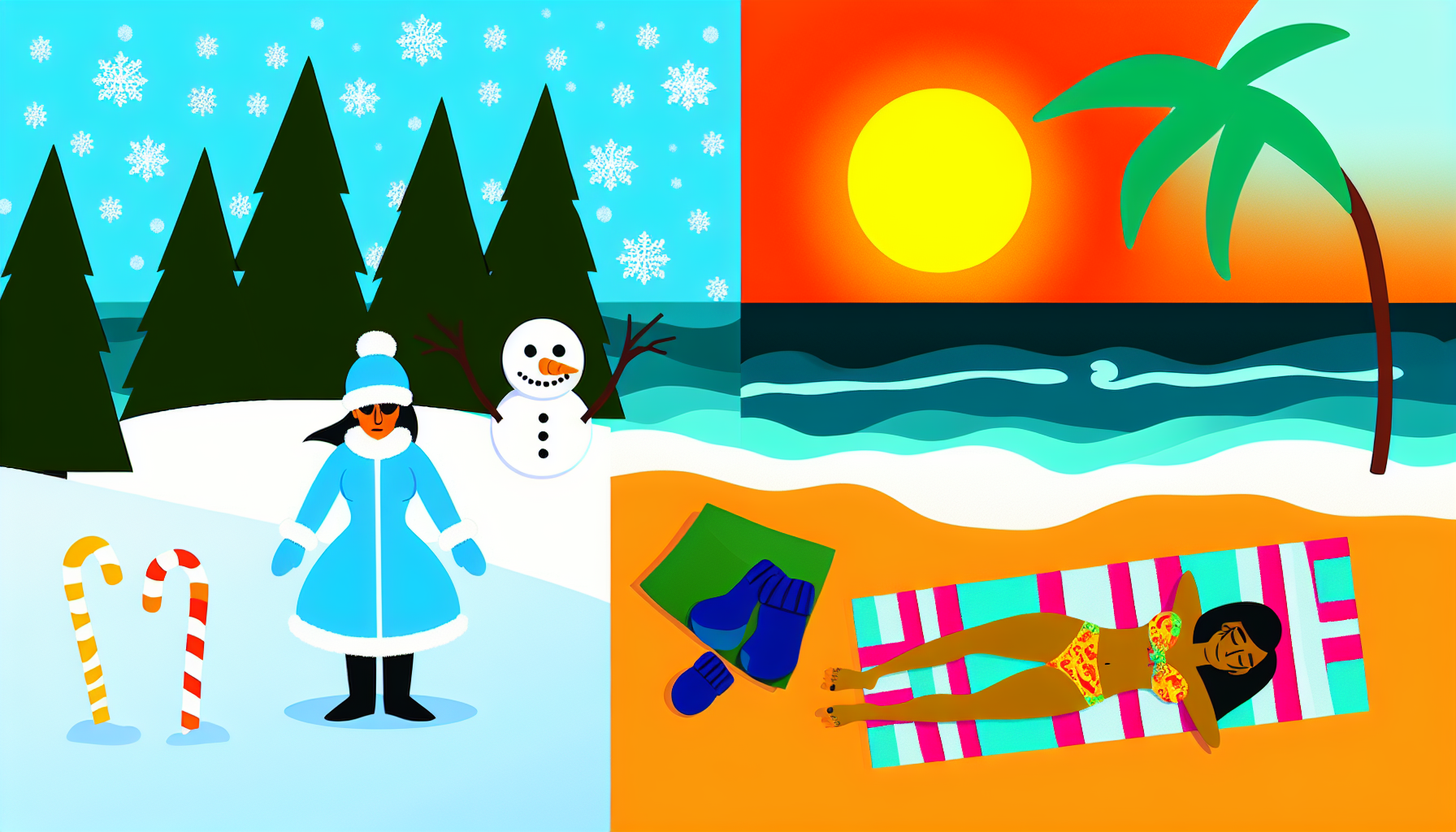 Visuelle Darstellung des Unterschieds zwischen kalt und warm. Auf der linken Seite des Bildes eine Szene, die KÃ¤lte darstellt: ein verschneiter HÃ¼gel mit Kiefern, ein Schneemann, eine Person, die in einem groÃŸen, leuchtend blauen Mantel, Handschuhen und einer MÃ¼tze eingepackt ist â€“ der Atem sichtbar in der frostigen Luft. Die Farbpalette sollte Ã¼berwiegend weiÃŸ und blau sein, mit Ausnahme des GrÃ¼ns der Kiefern. Auf der anderen Seite, fÃ¼r WÃ¤rme, eine sommerliche Strandszene mit der Sonne, die Ã¼ber dem Ozean untergeht, eine Person sÃ¼dasiatischer Abstammung in einem lebhaften Badeanzug, die auf einem Handtuch sonnt, mit Palmen im Hintergrund und einem Surfbrett, das aus dem Sand ragt. Die Farbpalette sollte in Richtung Orange, Gelb und GrÃ¼n tendieren.