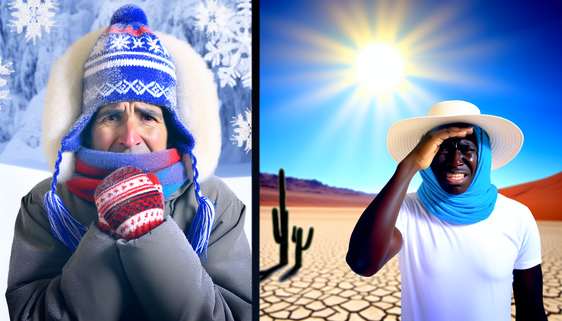 Stellen Sie eine Szene dar, die die Unterschiede zwischen KÃ¤lte und Hitze visuell reprÃ¤sentiert. Auf der einen Seite zeigen Sie eine verschneite Landschaft, komplett mit einer Person, die in warme Winterkleidung gehÃ¼llt ist, wie einer Eskimo-Jacke, einer gestrickten MÃ¼tze und Handschuhen. Diese Person kann jeder GeschlechtsidentitÃ¤t und Ethnie angehÃ¶ren, in diesem Fall machen wir sie hispanisch. Man kann den Atem der Person sichtbar in der frostigen Luft sehen. nAuf der anderen Seite zeigen Sie eine glÃ¼hend heiÃŸe WÃ¼ste mit unerbittlicher Sonne Ã¼ber Kopf, und eine Person afroamerikanischer Abstammung, die in leichter Kleidung und einem Sonnenhut steht, sich die Augen schÃ¼tzend und schwitzend. Diese kontrastierenden Bilder sollten die Extreme von KÃ¤lte und Hitze lebhaft darstellen.
