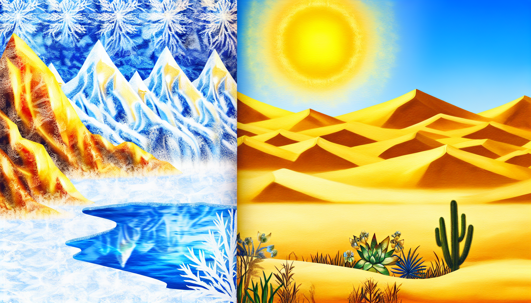 Erstellen Sie eine kraftvolle visuelle Darstellung des Unterschieds zwischen Kälte und Wärme. Auf der einen Seite illustrieren Sie eine eisige Landschaft mit schneebedeckten Bergen, einem gefrorenen See und frostbedeckten Bäumen, geprägt von einer Palette aus Blau- und Weißtönen. Auf der anderen Seite illustrieren Sie eine heiße Wüstenlandschaft mit hohen Dünen, einer brennenden Sonne und saftigen Pflanzen, die trotz der Hitze gedeihen, lebendig gemacht in Gelb- und Brauntönen. Diese beiden kontrastierenden Szenarien sollten nebeneinander existieren und die unterschiedlichen Empfindungen von Kälte und Wärme ausstrahlen.