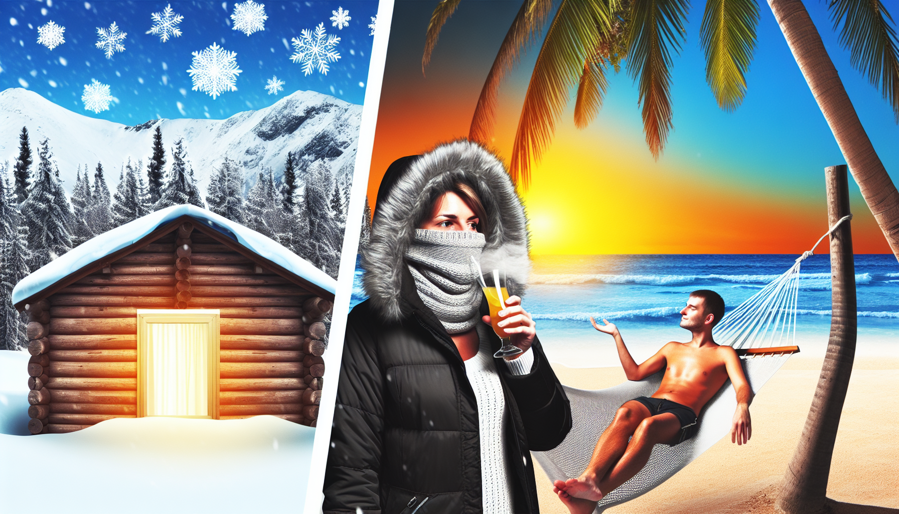Illustrieren Sie den Kontrast zwischen KÃ¤lte und WÃ¤rme. Auf der linken Seite zeigen Sie eine verschneite Berglandschaft mit einer kaukasischen Frau, die in schwere Winterkleidung gehÃ¼llt vor einer BlockhÃ¼tte steht, wÃ¤hrend Schneeflocken um sie herum fallen. Ihr Atem ist in der frostigen Luft sichtbar. Auf der rechten Seite fÃ¼gen Sie ein Bild eines tropischen Strandes bei Sonnenuntergang hinzu. Ein hispanischer Mann in Sommerkleidung entspannt sich in einer HÃ¤ngematte zwischen zwei Palmen und genieÃŸt ein erfrischendes GetrÃ¤nk. Das GefÃ¼hl der milden Luft ist sichtbar, wÃ¤hrend die letzten Sonnenstrahlen die Wellen des Ozeans treffen.