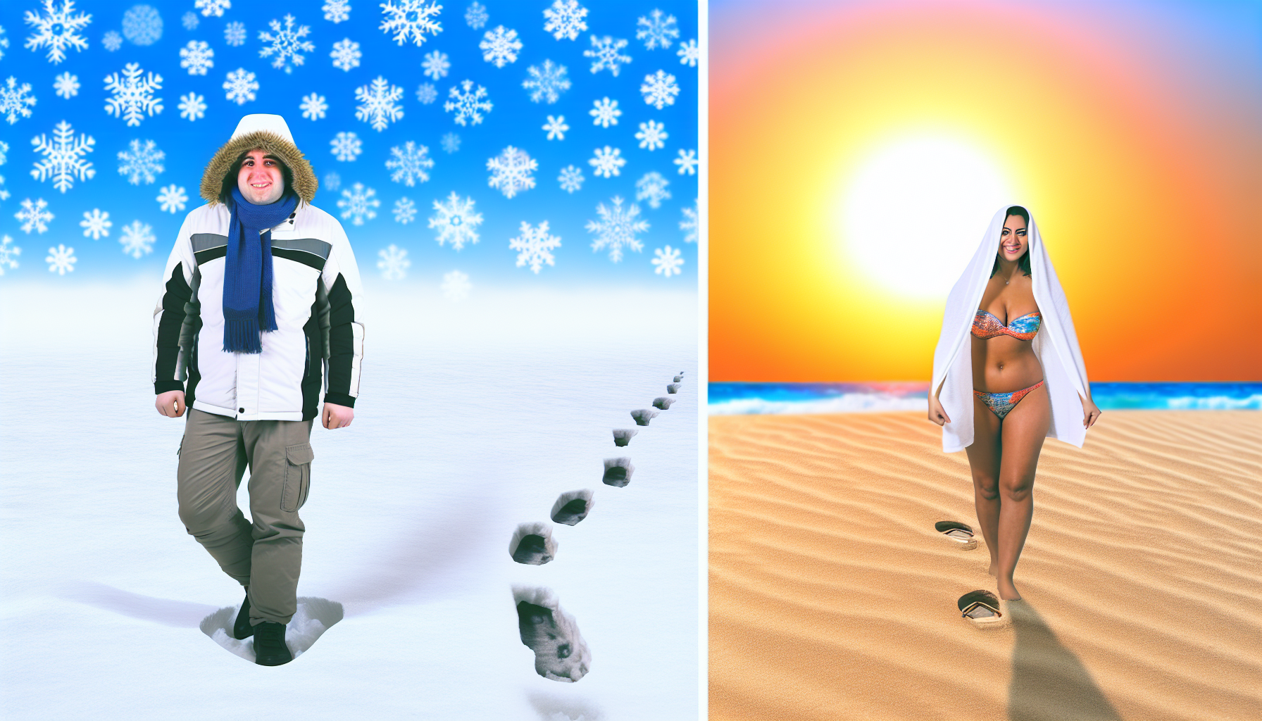 Visuelle Darstellung des Unterschieds zwischen KÃ¤lte und WÃ¤rme. Auf der einen Seite ein verschneites Umfeld mit einem kaukasischen Mann in Winterkleidung, der durch knietiefen Schnee geht und FuÃŸabdrÃ¼cke hinterlÃ¤sst. Auf der anderen Seite eine mittelÃ¶stliche Frau, die an einem Sandstrand unter der brennenden Sonne in Sommerkleidung spaziert und FuÃŸabdrÃ¼cke im Sand hinterlÃ¤sst. Die beiden Umgebungen sollten sich in der Mitte treffen und einen starken Kontrast zeigen.