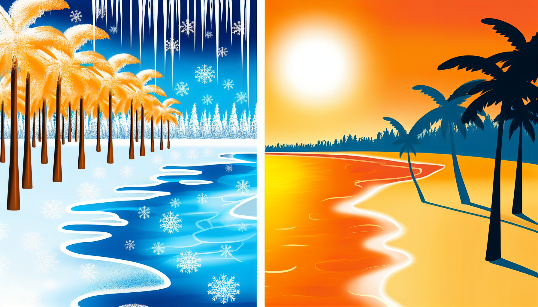 Eine Illustration, die kalt und warm lebhaft gegenÃ¼berstellt, Seite an Seite. Auf der kalten Seite visualisieren Sie eine weite, eisige Landschaft, die unter einem blassen Himmel schimmert, gespickt mit frostbedeckten BÃ¤umen und einem gefrorenen See. Eiszapfen hÃ¤ngen von den BÃ¤umen, und ein kalter Wind bewegt den Schnee auf dem Boden. Auf der warmen Seite stellen Sie eine gemÃ¼tliche Szene eines goldenen Strandes bei Sonnenuntergang dar, mit Palmen, die sich sanft in der milden, warmen Brise wiegen. Die orangefarbenen und magentafarbenen TÃ¶ne des Sonnenuntergangs spiegeln sich im ruhigen Meer wider. Die Trennung zwischen diesen Seiten sollte klar sein und den markanten Unterschied zwischen KÃ¤lte und WÃ¤rme darstellen.