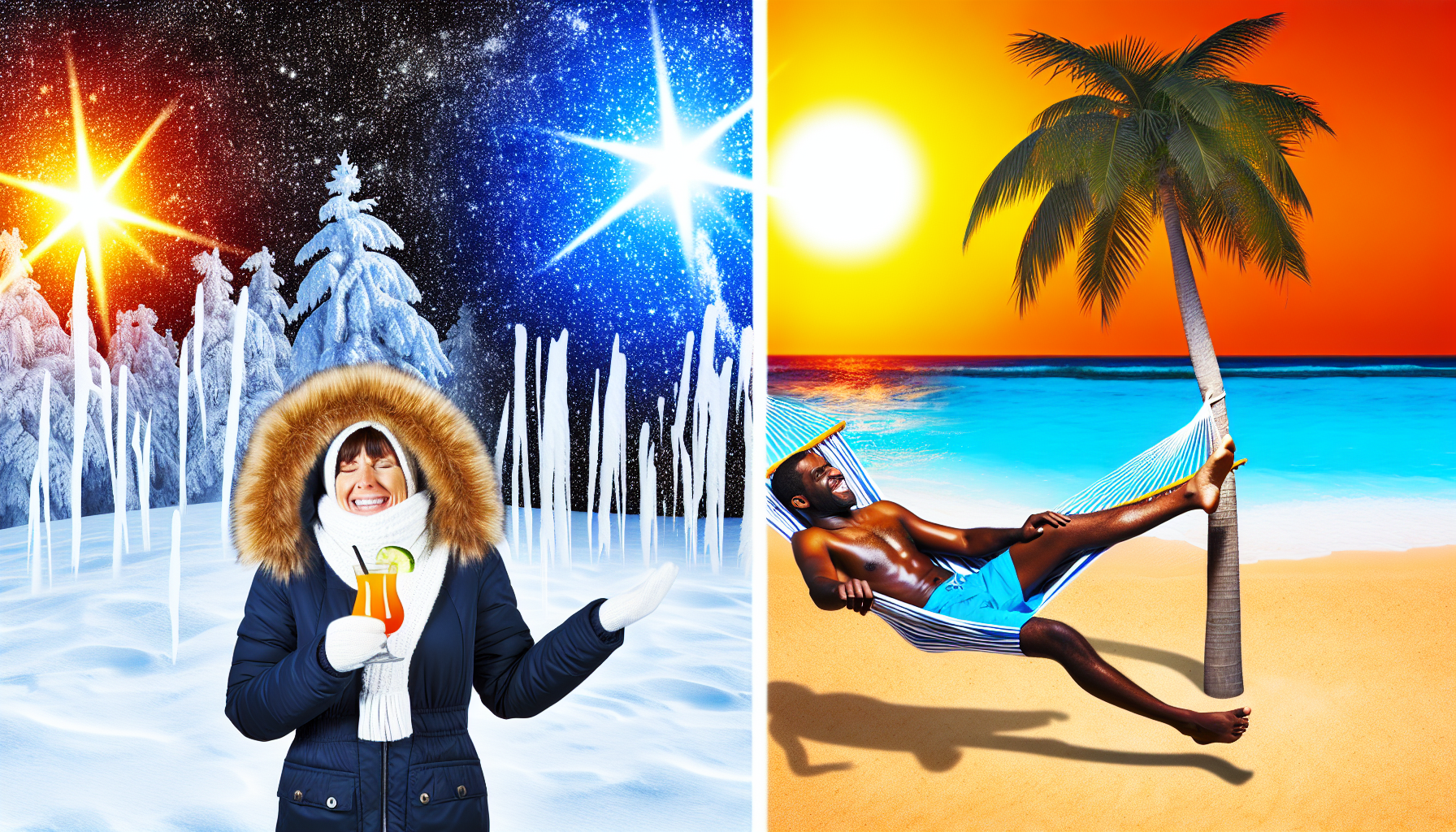 Illustrieren Sie den Unterschied zwischen KÃ¤lte und WÃ¤rme. Auf der linken Seite des Bildes zeigen Sie ein eisiges, schneebedecktes Terrain unter einem sternenklaren Nachthimmel, mit einer kaukasischen Frau, die in schwere Winterkleidung gehÃ¼llt ist, deren Atem in der frostigen Luft sichtbar ist. Kontrastieren Sie dies mit der rechten Seite des Bildes, die einen sonnenverwÃ¶hnten, sandigen Strand zeigt, an dem ein schwarzer Mann in einer HÃ¤ngematte unter einer Palme entspannt, Sommerkleidung trÃ¤gt und einen tropischen Cocktail hÃ¤lt. Diese Seite sollte das Licht eines lebhaften Sonnenuntergangs ausstrahlen.