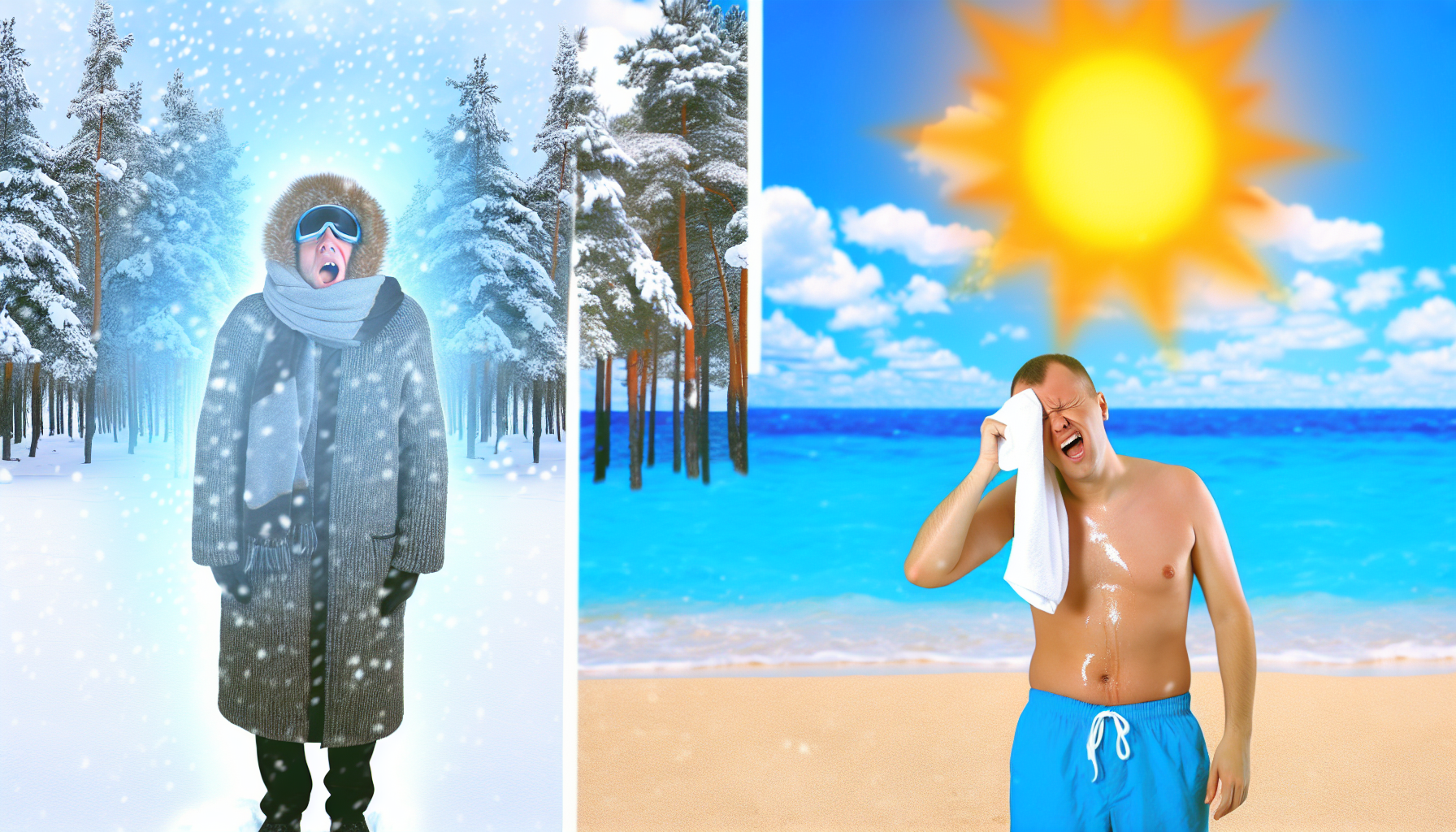 Stellen Sie das Konzept der Temperatur dar, indem Sie den Unterschied zwischen KÃ¤lte und WÃ¤rme illustrieren. Auf der linken Seite zeigen Sie eine Winterszene mit einer Person, die in dicke Kleidung gehÃ¼llt ist, frostige Luft ausatmet, umgeben von schneebedeckten Kiefern und einem gefrorenen See. Auf der rechten Seite stellen Sie eine Sommersonne dar, wo eine andere Person unter der brennenden Sonne steht, leichte Kleidung trÃ¤gt und sich den SchweiÃŸ von der Stirn wischt, umgeben von einem Sandstrand und einem strahlend blauen Meer.