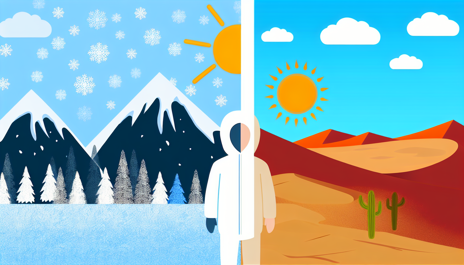 Stellen Sie den Kontrast zwischen KÃ¤lte und WÃ¤rme dar. Auf der einen Seite zeigen Sie eine verschneite Landschaft mit eisbedeckten Bergen, BÃ¤umen, die mit weiÃŸem Schnee bestÃ¤ubt sind, und einer Person, die in Winterkleidung eingepackt ist. Auf der anderen Seite zeigen Sie eine WÃ¼ste unter der brennenden Sonne mit weiten SanddÃ¼nen, einigen WÃ¼stenpflanzen und einer anderen Person, die leichte, luftige Kleidung trÃ¤gt, um der Hitze zu trotzen. Lassen Sie die Seiten in der Mitte ineinander Ã¼bergehen, um den allmÃ¤hlichen Ãœbergang zwischen diesen Extremtemperaturen zu symbolisieren.