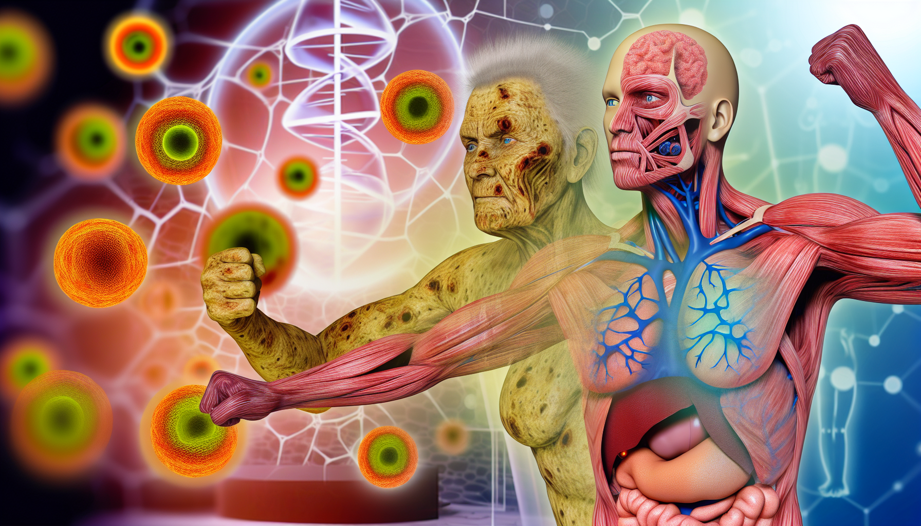Eine konzeptionelle Darstellung der Umkehr des biologischen Alters bzw. der Zellverjüngung. Der Hauptfokus des Bildes liegt auf einem menschlichen Körper mit einer detaillierten Darstellung von Zellen, die Verjüngungsprozesse durchlaufen. Die linke Körperseite sollte älter wirken und sichtbare Alterserscheinungen zeigen, während die rechte Hälfte energiegeladen und jugendlich erscheint und so die Effekte einer erfolgreichen Zellverjüngung andeutet. Diese Dichotomie sollte jeweils durch die Verwendung gedämpfter Farben (links) bzw. lebendiger Farben (rechts) betont werden. Der Hintergrund kann eine wissenschaftliche Umgebung, etwa ein Labor, sein, die dezent auf die laufende Forschung zu diesem Thema hinweist.
