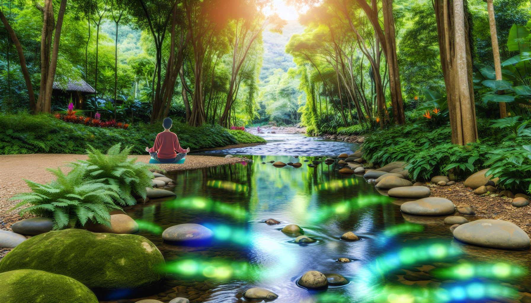 Eine ruhige, friedliche Umgebung, ideal zur Stressbewältigung und Entspannung. Stellen Sie sich eine Landschaft mit einem langsam fließenden Fluss vor, an dessen Ufern kleine Steine sanfte Kräuselungen erzeugen. Üppiges Grün umgibt die Szene; hoch aufragende Bäume und lebendige Pflanzen setzen farbige Akzente. Irgendwo in der Szenerie meditiert eine asiatischstämmige Person in Frieden, während eine kaukasischstämmige Person Yoga praktiziert. Die Stimmung deutet auf den frühen Morgen hin, mit genau der richtigen Menge Sonnenlicht, das durch die Bäume blinzelt und magische Muster auf der Flussoberfläche entstehen lässt.